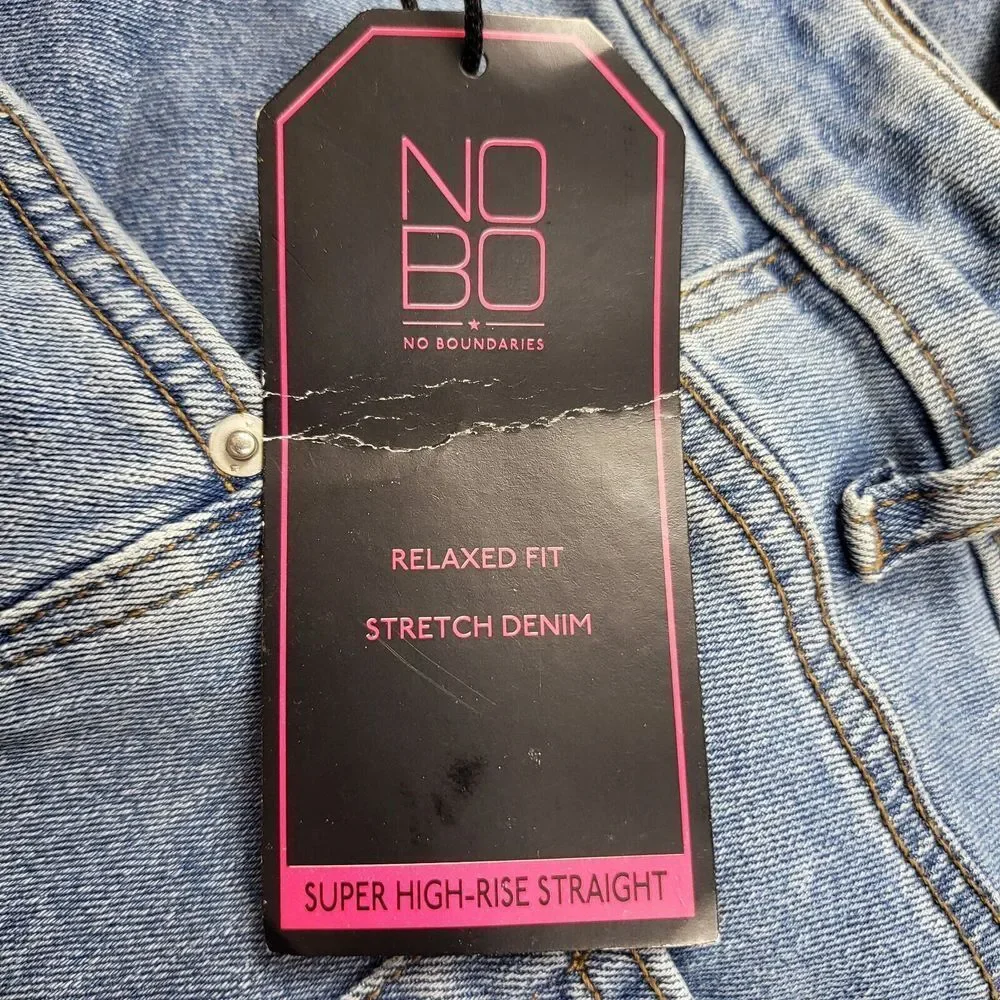 No Boundaries NOBO Destructed Mom Jeans 19‎ Super High Rise Raw Hem Medium Wash